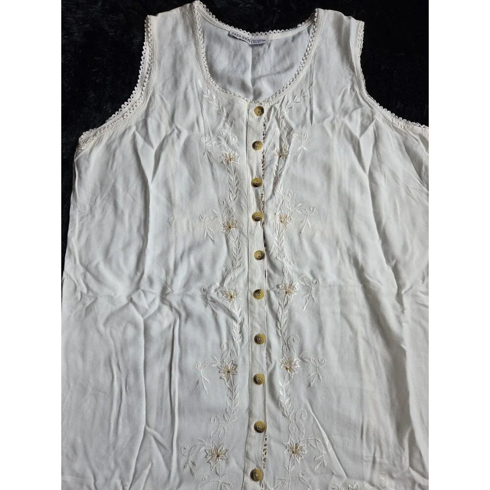 Raya Sun Swing Tank Dress L Cream Embroidery Lace Ruffles Lightweight Buttons - Picture 2 of 11